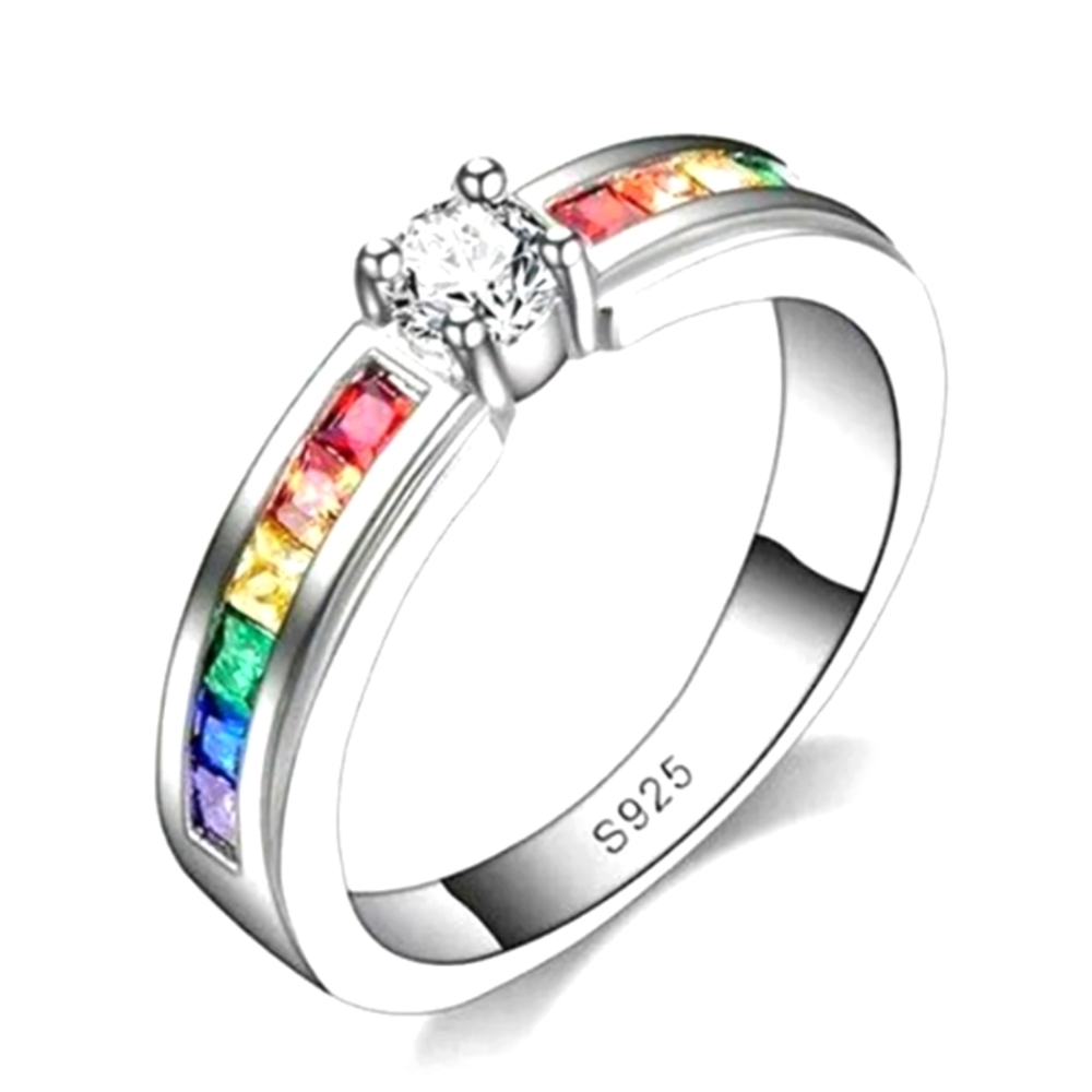 Rainbow Gemstones White Sapphire Center Stone Silver 925 Ring